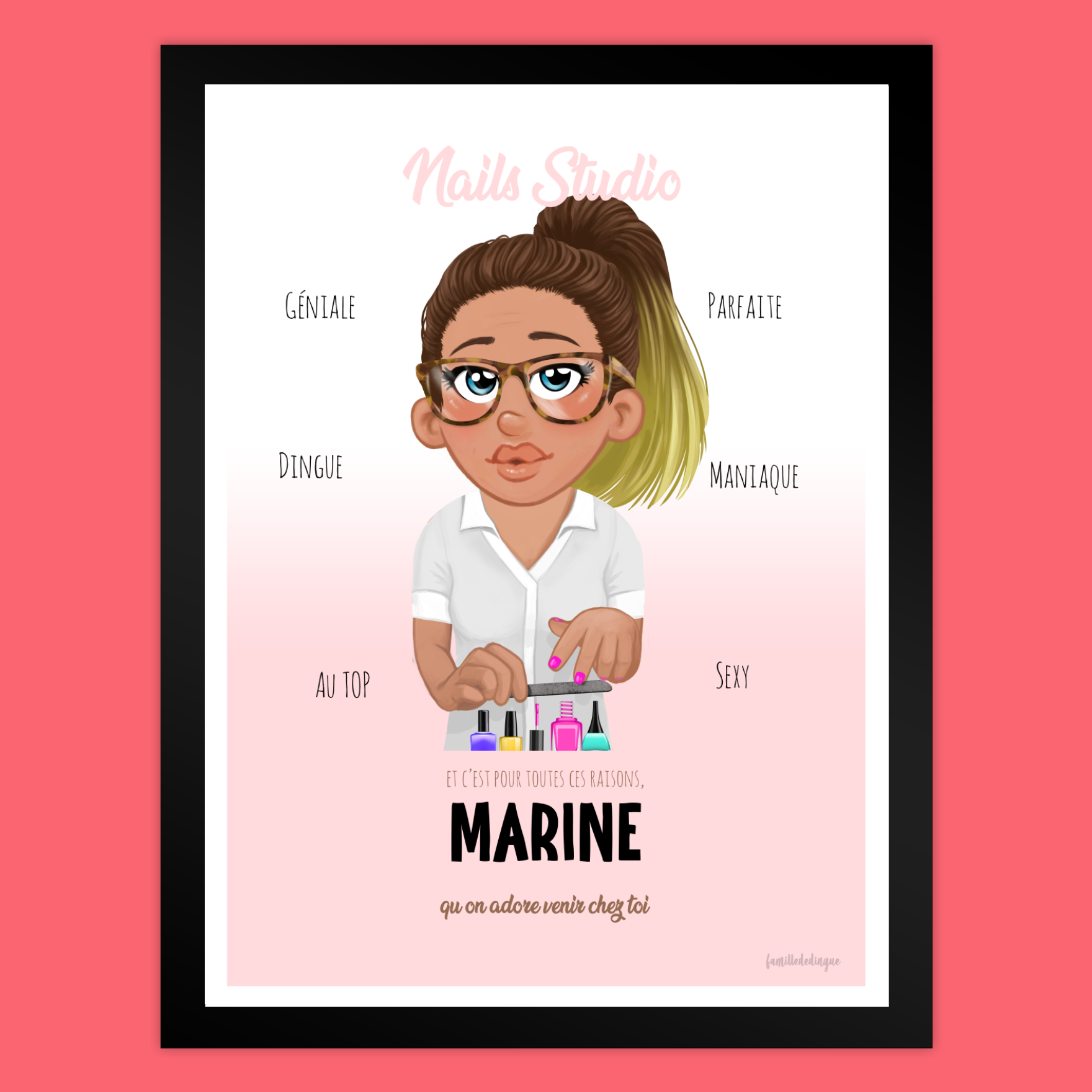 Ritratto personalizzato illustrato di un’onicotecnica con accessori e sfondo decorativo