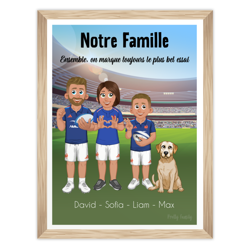 Quadro famiglia rugby personalizzato con avatar in divisa e sfondo stadio