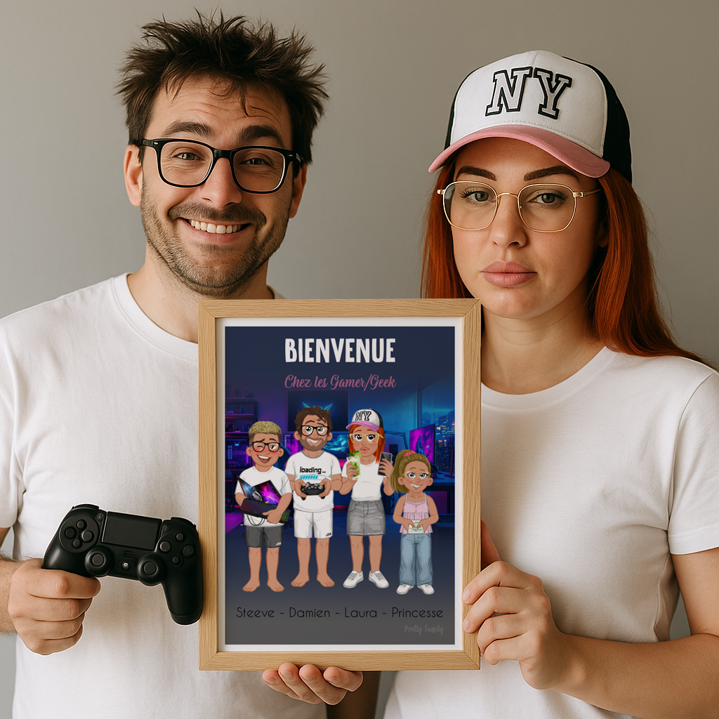 Illustrazione avatar personalizzata di una famiglia geek/gamer