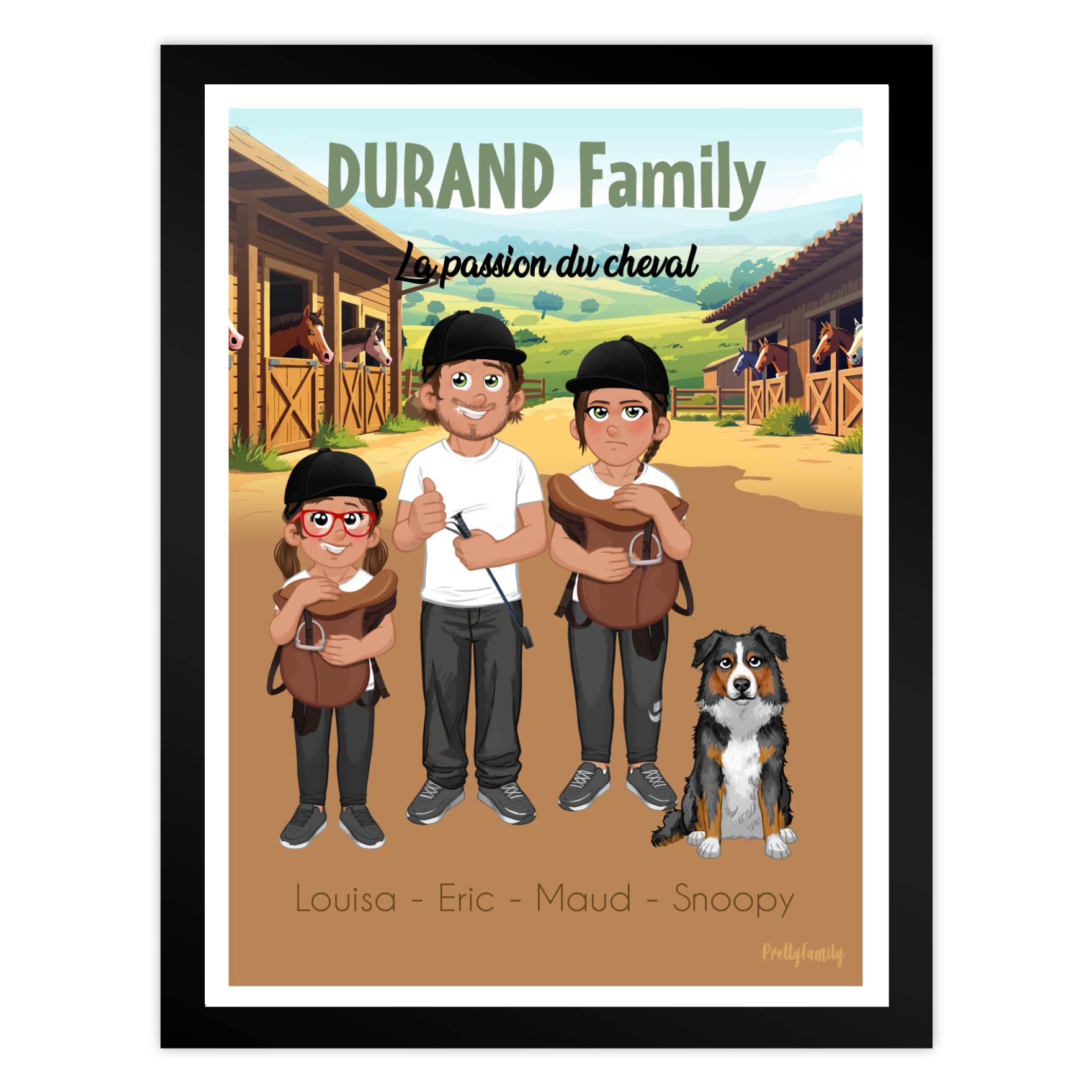 Illustrazione famiglia personalizzata stile cavaliere con avatar – sfondo scuderia e campi – stile famiglia pazza