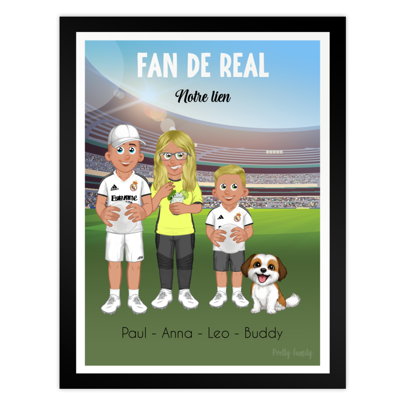 Poster personalizzato tifosi Real Madrid con famiglia e avatar in divisa del club