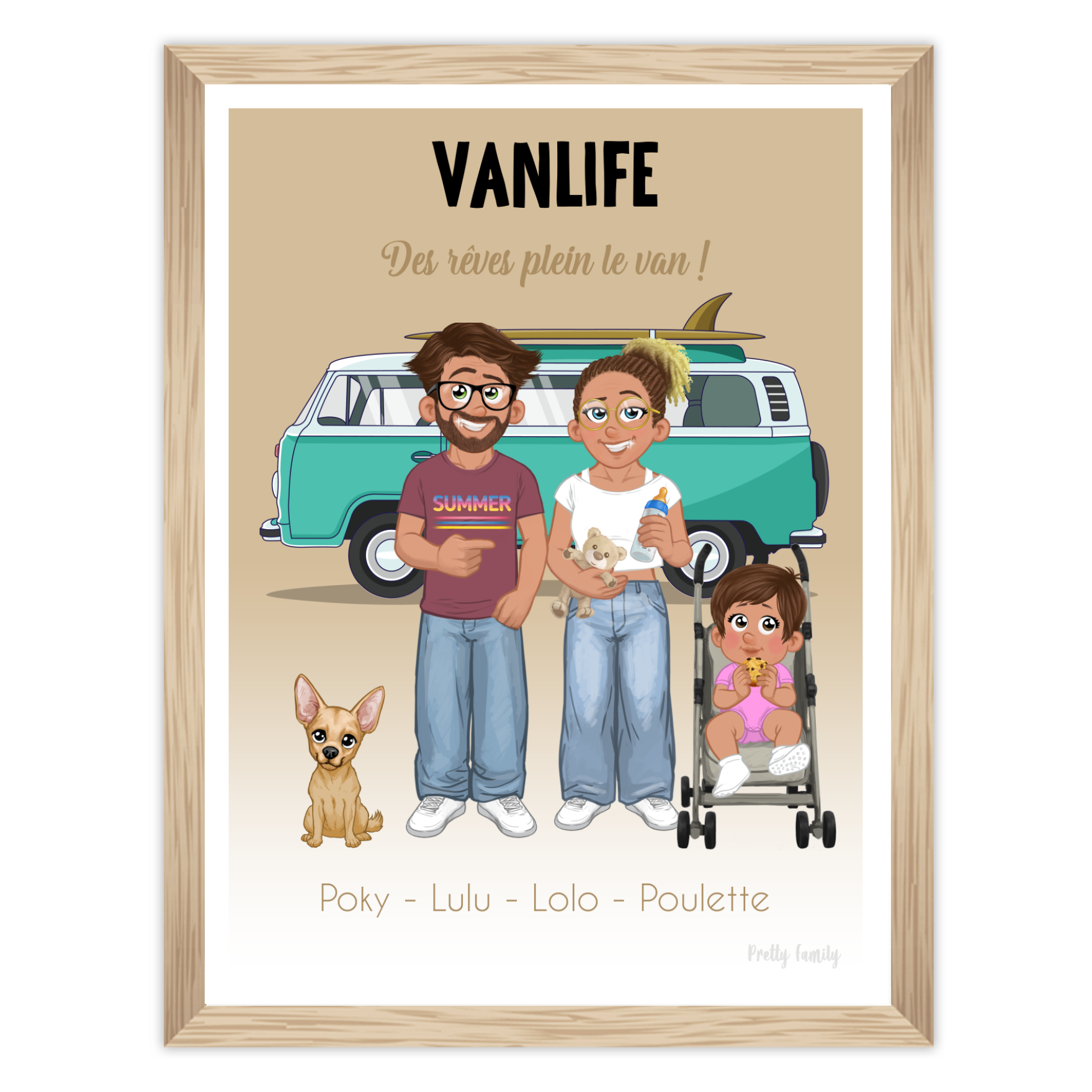 Ritratto di famiglia Vanlife con avatar e van sullo sfondo – decorazione casa design