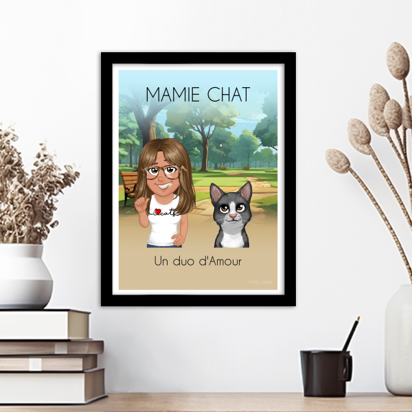 Personalized Grandma and Her Cat poster, modern illustration style, gift for Grandmother’s Day
