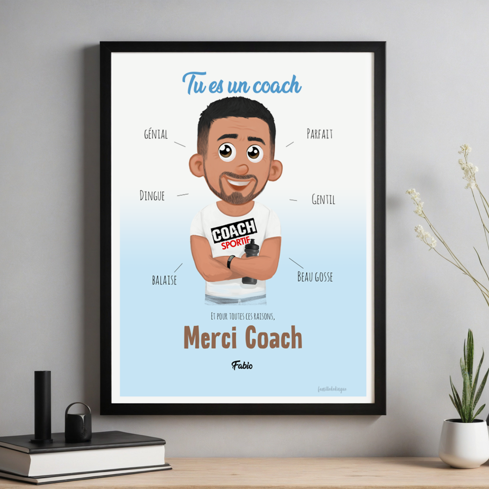 Illustrazione avatar personalizzata di un coach con qualità e soprannomi