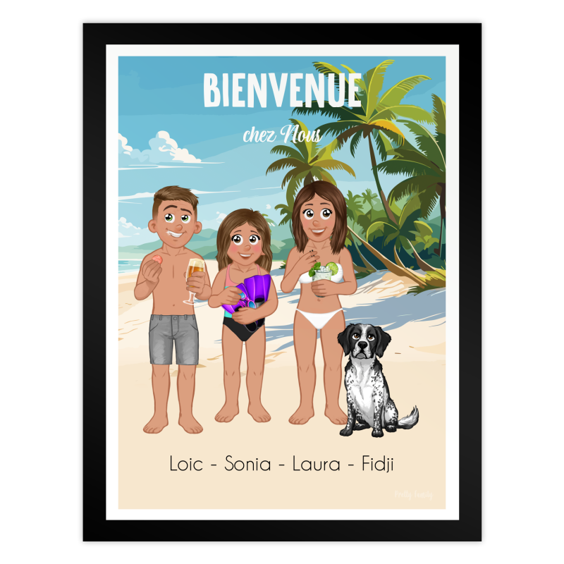 poster personalizzato benvenuti a casa nostra famiglia spiaggia coppia bambino cane estate