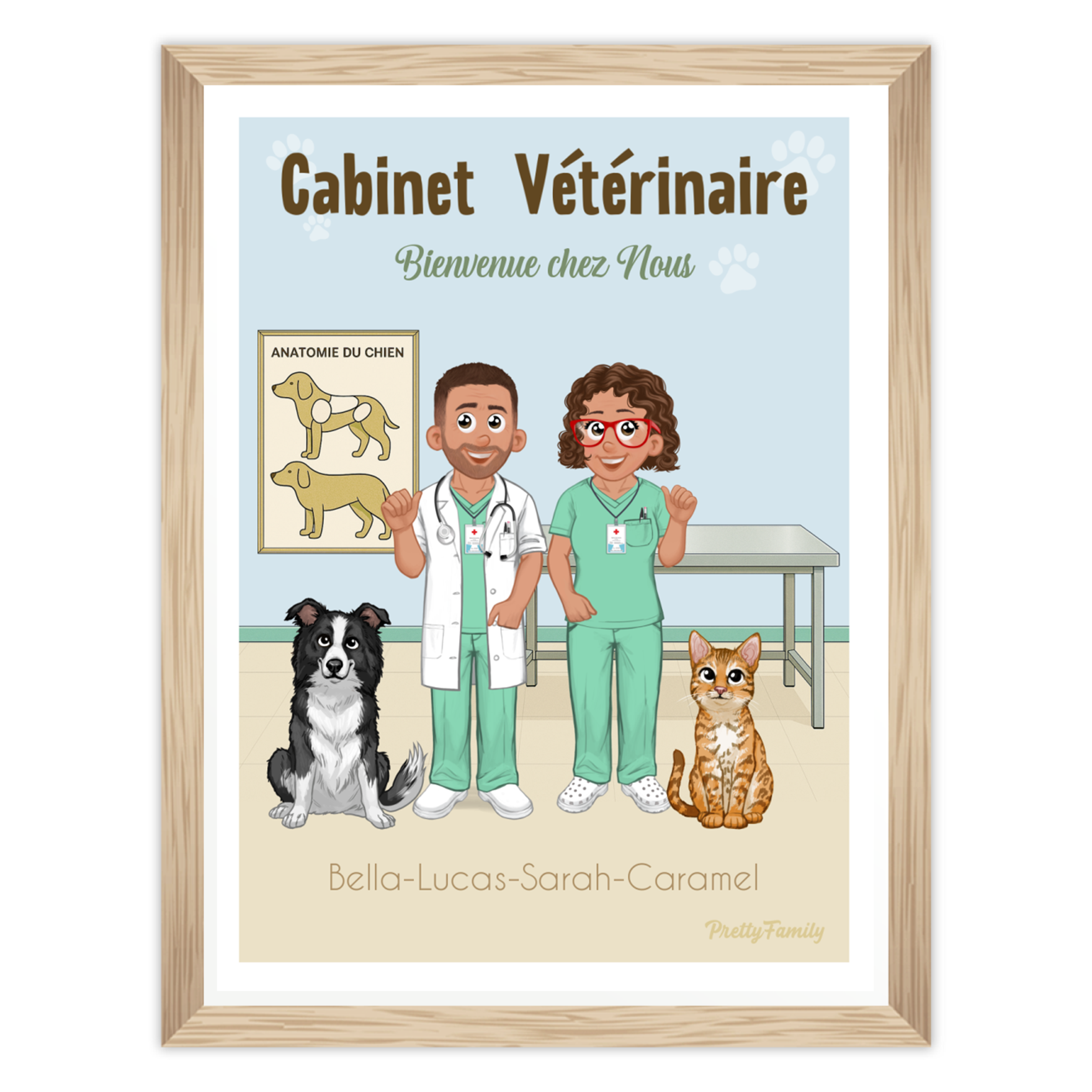 Illustrazione personalizzata di un veterinario circondato da animali – decorazione per ambulatorio veterinario
